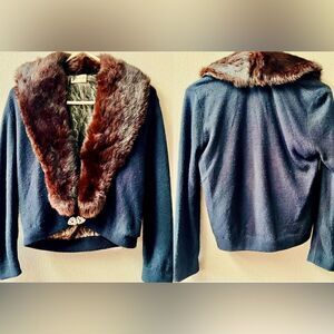 CITY FUR CO. VINTAGE 100% TURBO ORLON FUR COLLARED CARDIGAN SWEATER SIZE S/M*